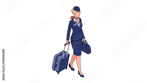 Flight attendant in professional blue uniform walking while carrying rolling suitcase and small travel bag.