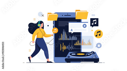 Young woman with headphones walking next to giant smartphone screen displaying audio equalizer and music files.