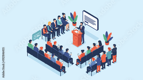 Speaker standing at podium giving presentation to audience sitting in rows at business conference or seminar.