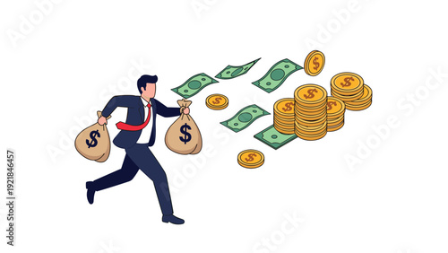 Professional businessman running with bags of money while banknotes and gold coins fly in the air behind him.