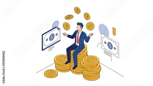 Businessman sitting on stack of gold coins while juggling money with dollar banknotes appearing on digital screens.