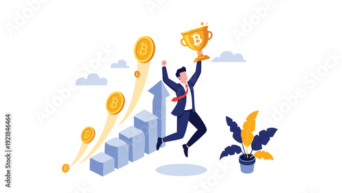 Businessman jumping with trophy while Bitcoin coins fly upward along a bar graph representing crypto success.