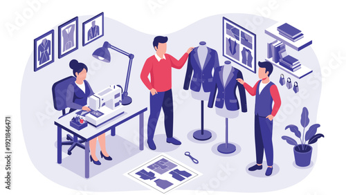 Professional tailors and designers working in clothing studio with sewing machine, mannequins, and fabric patterns.