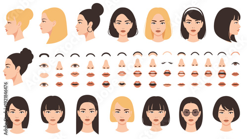 Collection of diverse female avatar parts including face shapes, eyes, noses, and mouths for character creation.
