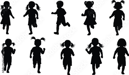 Collection of silhouettes showing young children and toddlers running and walking in various active poses isolated on a plain white background