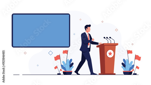 Professional man in suit standing at podium with microphones in front of blank screen and flags for presentation.