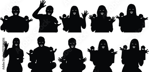 Set of silhouettes showing happy men and women playing with hand puppets and waving in various expressive poses on a white background