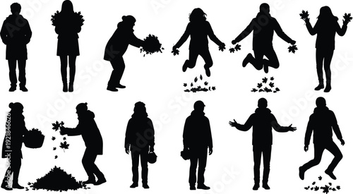 Set of silhouettes showing people in winter clothes jumping into piles of autumn leaves and gathering foliage on a white background