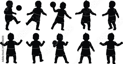 Set of silhouettes showing active infants and toddlers running walking and playing with balls in various action poses on white background