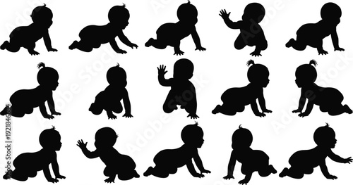Set of silhouettes showing active infants and babies crawling and reaching in various developmental action poses isolated on a white background