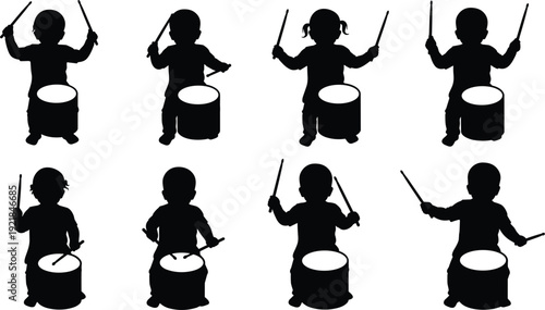 Set of silhouettes showing active toddlers and young children playing musical drums with sticks in various creative poses on white background