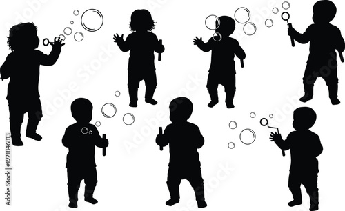 Set of silhouettes showing curious young children and toddlers blowing and chasing soap bubbles in various playful poses on white background