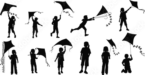 Set of silhouettes showing active young children and teenagers flying kites in various joyful and energetic poses isolated on white background