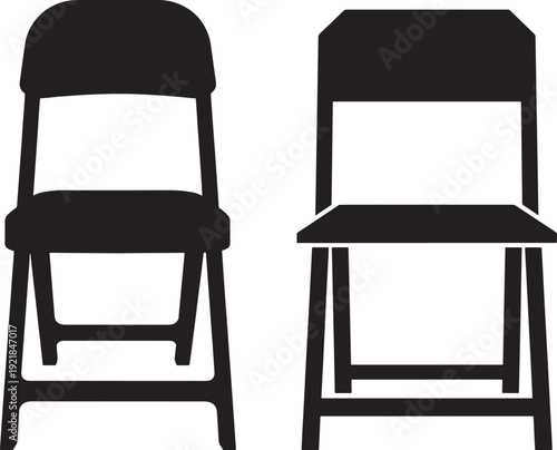 Minimalist black silhouettes of two folding chairs, showcasing a simple, practical design. Perfect for event planning, furniture, or seating solutions.
