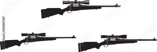 Collection of three sniper rifles with scopes in silhouette, representing military, hunting, precision, and strategic power. Strong visuals for action and defense themes.