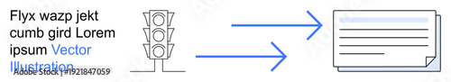 Workflow, decision-making, automation, traffic systems, communication, process flow. Diagram of traffic light connected to document through arrows. Workflow and decision-making ion for concepts