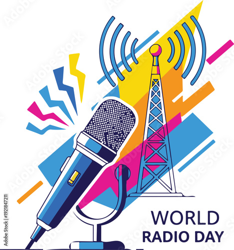 World Radio Day illustration with microphone, broadcast tower, and abstract geometric elements