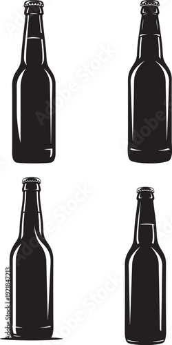 Set of four black silhouette beer bottles on a white background, simple clean design for beverage or bar graphics.