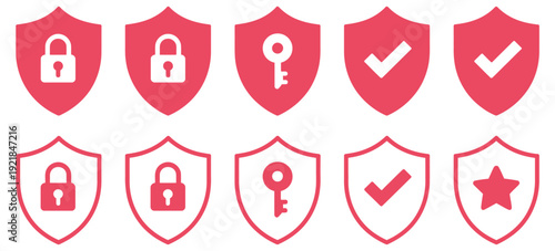 Security shield icons set with lock, key, check mark, and star symbols, representing protection, privacy, safety, secure access, cybersecurity, data protection, user authentication, digital security, 