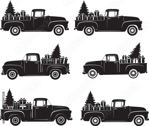 Collection of black silhouette vintage pickup trucks filled with Christmas trees and gift boxes, ideal for holiday delivery themes.