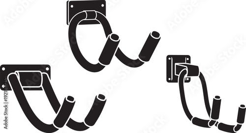 Set of three black silhouette wall-mounted hooks for bicycles, designed for secure and space-saving storage solutions.