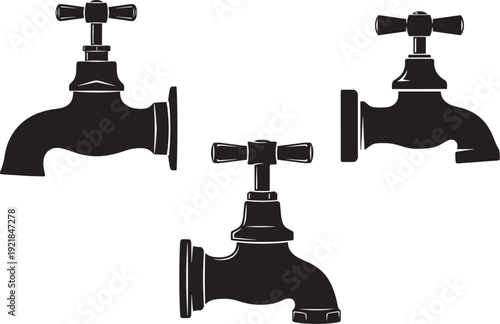 Three black silhouette vintage taps or faucets, versatile for plumbing, water, or retro design elements.