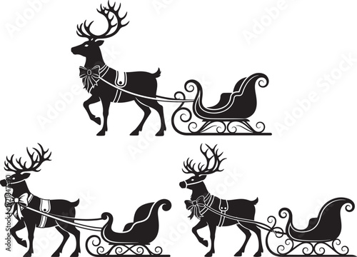 Christmas reindeer and sleigh silhouettes pulling gifts, a magical scene for holiday greetings and winter transport.