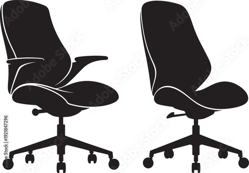 Pair of modern office chairs in black silhouette, shown from front and side profiles, on a white background.