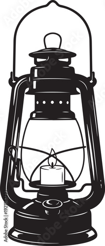 Vintage kerosene lantern with a lit candle, depicted as a detailed black silhouette on a white background.
