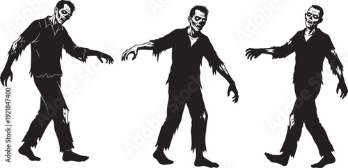 Three walking zombies in silhouette, with tattered clothes and menacing postures, creating a scary Halloween or horror scene.