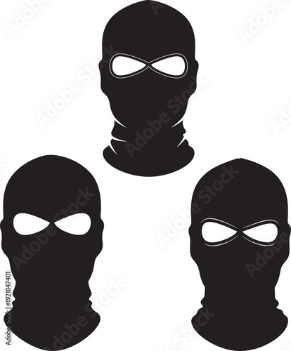 Three black ski masks or balaclavas with eye holes, presented as isolated icons for concepts of anonymity, security, or crime.