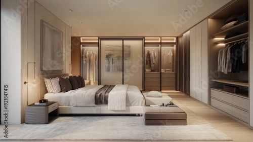 A high-end modern bedroom with a walk-in closet, custom-built furniture, and soft neutral tones blending harmoniously