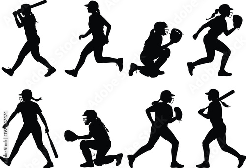 Softball athlete silhouettes collection, batting running and catching poses black and white sport vector set