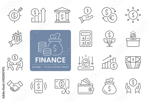 Finance and money management web line icon set with banking investment profit revenue and financial growth concepts. Editable stroke