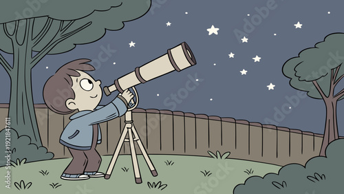 A child holding a telescope in the backyard at night, looking at stars and the Milky Way.