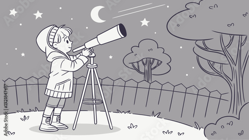 A child holding a telescope in the backyard at night, looking at stars and the Milky Way.