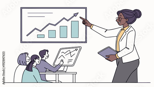 Black woman in a leadership position pointing to a graph in a virtual meeting.