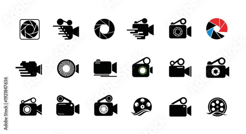 Collection of various camera and film icons in black and white.