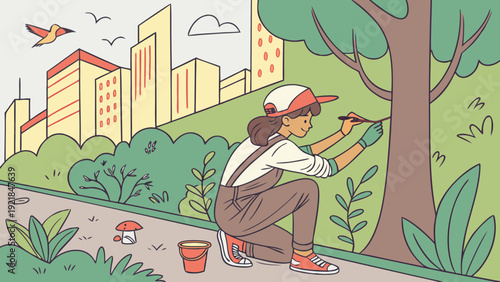 Young artist painting an ecological mural on an urban wall, paint in hand.