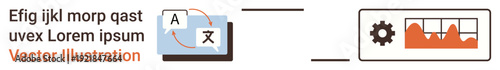 Language translation, data analytics, automation, software development, technology workflows, system processes. Digital screens displaying language translation and data graphs with a gear symbol