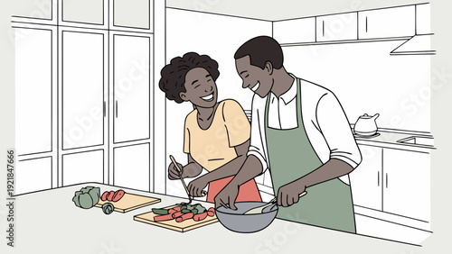 A couple cooking together in a modern kitchen, laughter, organic ingredients on the counter.