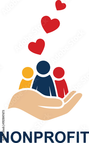 Hand holding people icons with hearts above, representing care and charity in a nonprofit context from a symbolic viewpoint