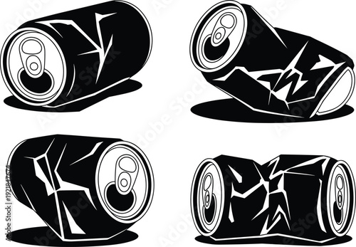 Black and white crushed soda cans illustration, recyclable aluminum waste vector set for environmental design