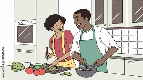 A couple cooking together in a modern kitchen, laughter, organic ingredients on the counter.