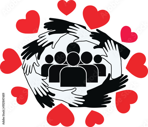People surrounded by hearts and embracing hands in a symbol of love and unity