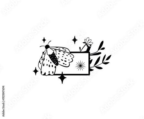 Vector illustration of a decorative hyphen or dash. Ornate boho mystical style punctuation mark with moth, crystals, leaves, and stars for an enchanting design. Isolated object on white background.