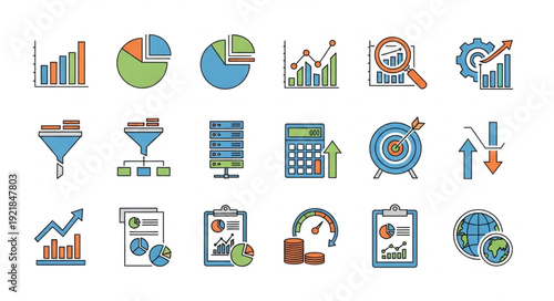 Collection of business and finance icons for data analysis.