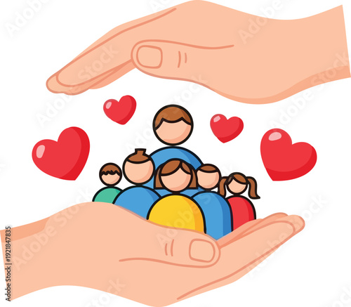 Hands cradling a diverse group of people surrounded by hearts illustrating care and compassion