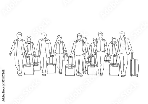 Line Art Illustration of Travelers with Luggage, Group of People