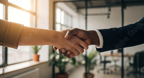 Two people shaking hands in an office handshake business agreement partnership